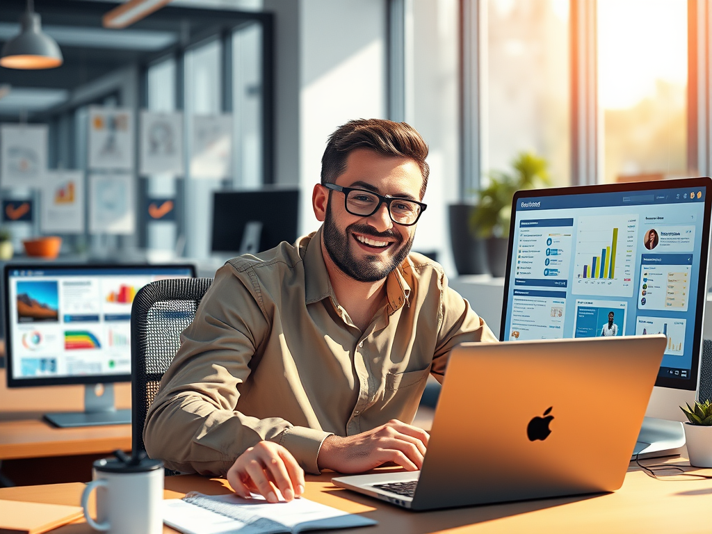 A smiling Social Media Manager wearing glasses works at his desk, analyzing campaign data and charts on multiple computer screens.