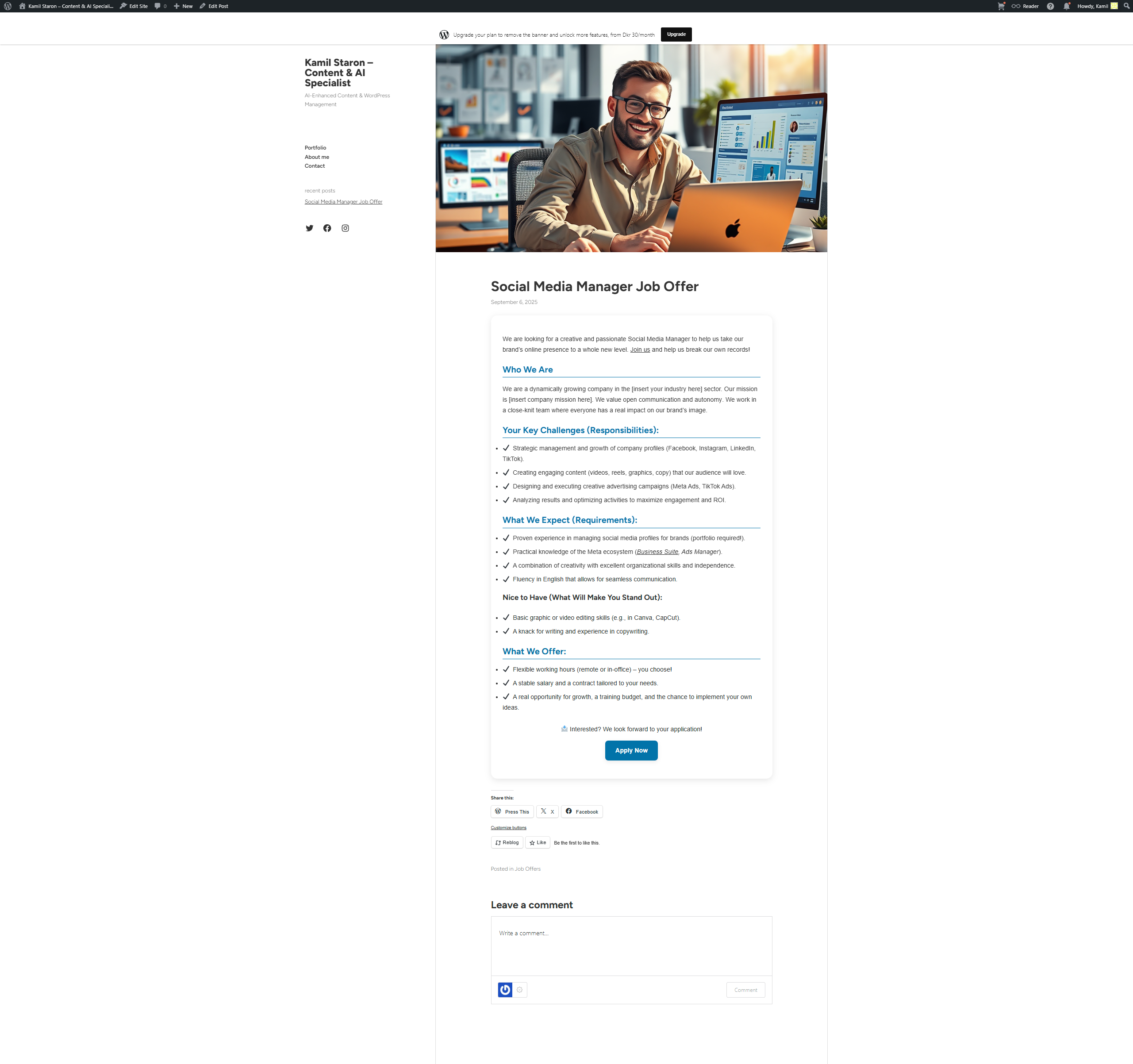 A screenshot showcasing the fully SEO-optimized layout of a job posting for a Social Media Manager role.